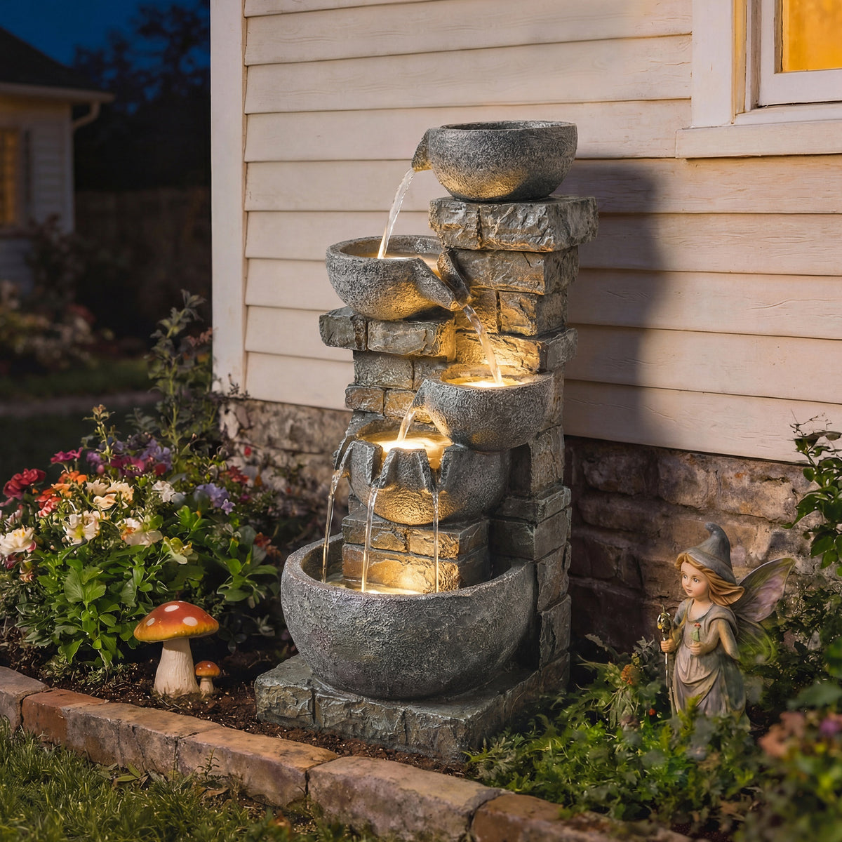 Springbrunnen Outdoor aus Kunstharz fünfstöckig Gartenbrunnen mit LED Beleuchtung Pumpe Steinoptik 34 x 36 x 80 cm