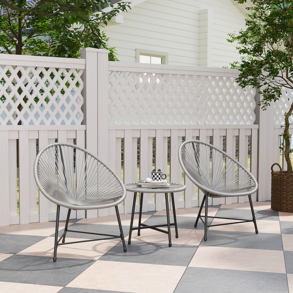 3-teiliges Gartenm?bel-Set, 2 Kunststoffrattan-St¨¹hle, 1 Tisch mit Glasplatte, Stahlrahmen, Outdoor-Sitzm?bel, Grau