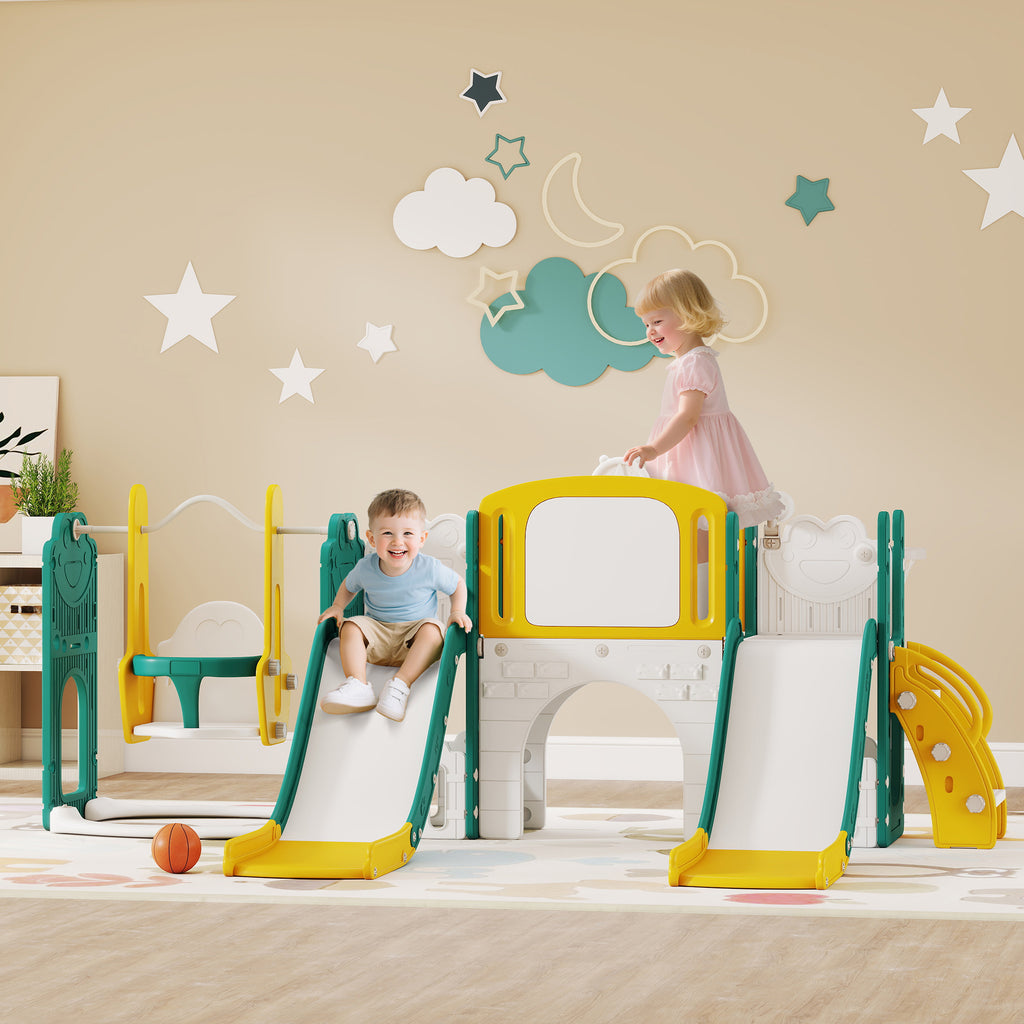 9-in-1 Rutschen- und Schaukelset f¨¹r Kleinkinder, mit Basketballkorb, Teleskop, Zeichenbrett, Frosch-Design, Gelb+Gr¨¹n