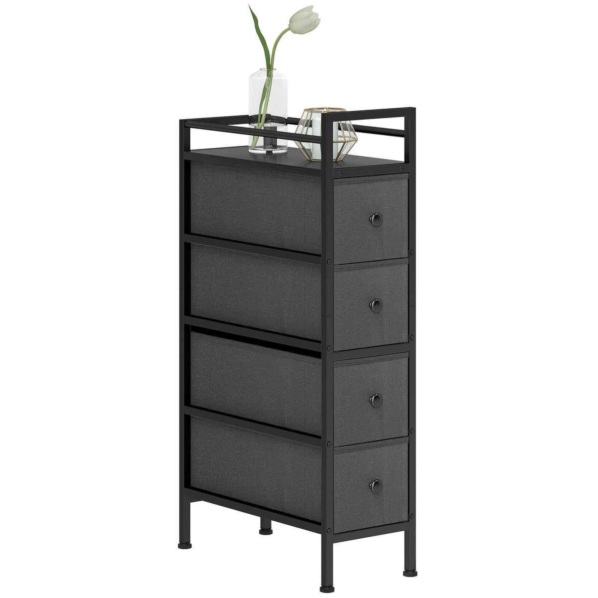 4 Drawer Fabric Dresser Chest of Drawers, Slim Storage Cabinet with Steel Frame for Small Spaces, Bedroom, Black