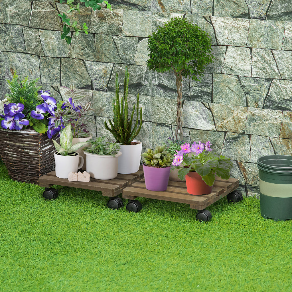 2er-Set rollende Pflanzenst?nder, Massivholz, 4 Rollen mit Bremsen, 30 cm x 30 cm x 7 cm, Braun + Schwarz