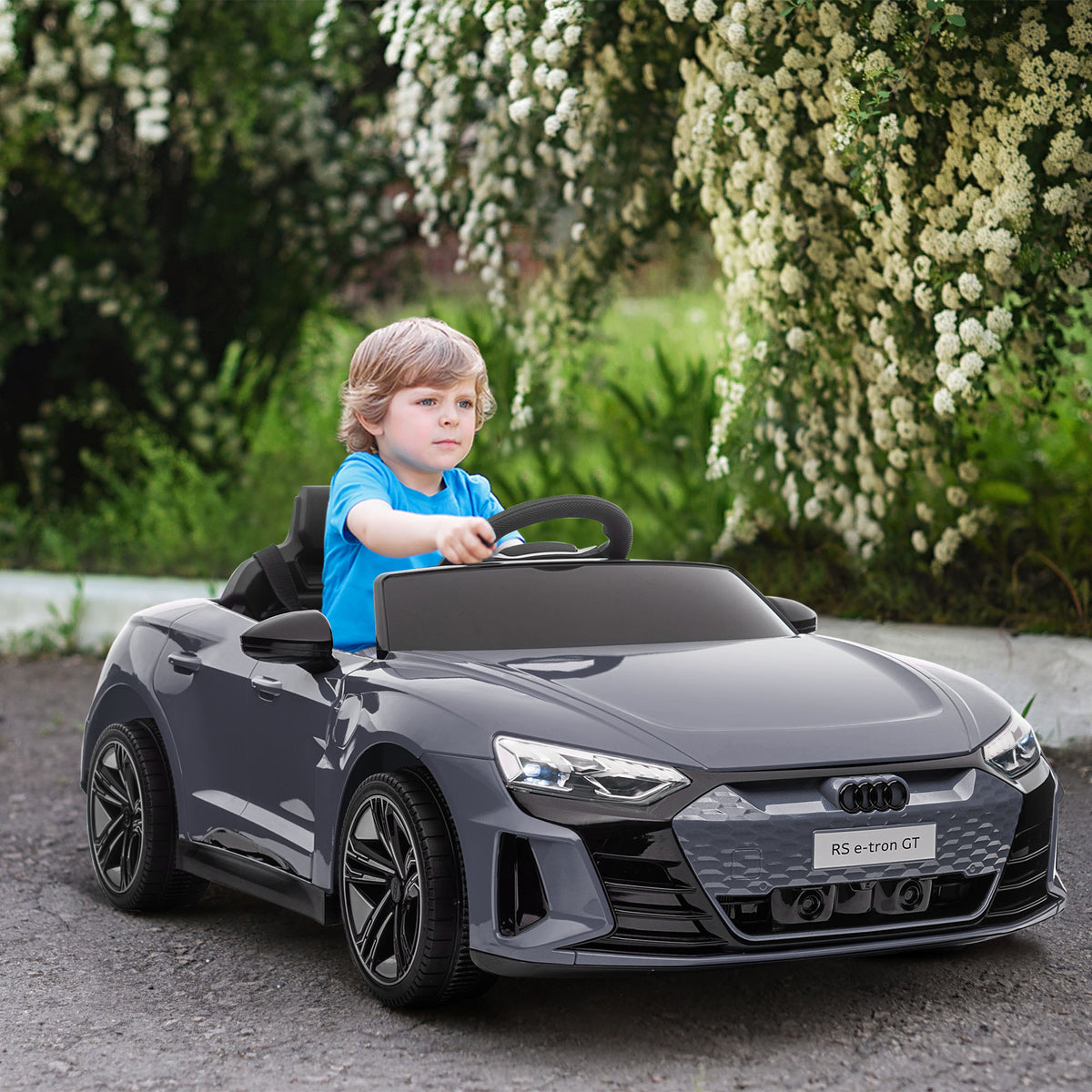 Kinder-Elektroauto mit Fernbedienung, Sicherheitsgurt, Hupe, Musik, Scheinwerfer, bis 5 km/h, 3-5 Jahre, Grau