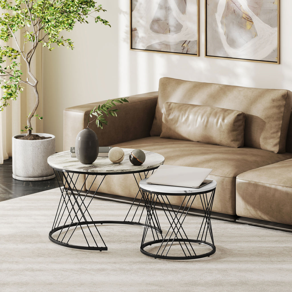 Couchtische im 2er-Set, Marmoroptik, Spanplatte, Metall, runde Kaffeetische für Wohnzimmer, ineinanderstellbar Grau+Weiß