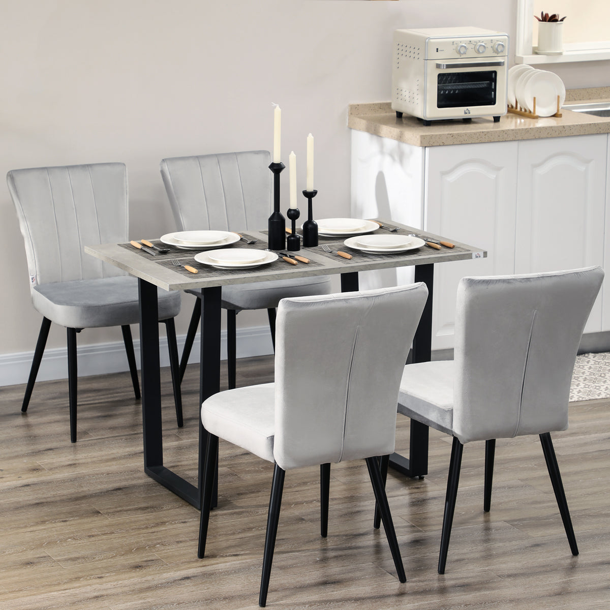 4er-Set Esszimmerstühle, Akzentstühle für Küchen und Esszimmer, Stuhlset, Velours-Optik, Hellgrau+ Schwarz