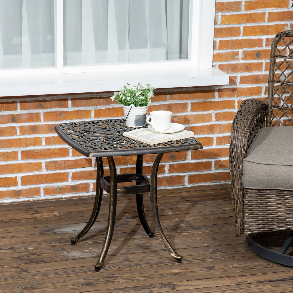 Outdoor Patio Side Table with 38mm Dia. Umbrella Hole, Cast Aluminium Patio coffee Table, 54 x 54cm, Bronze Tone