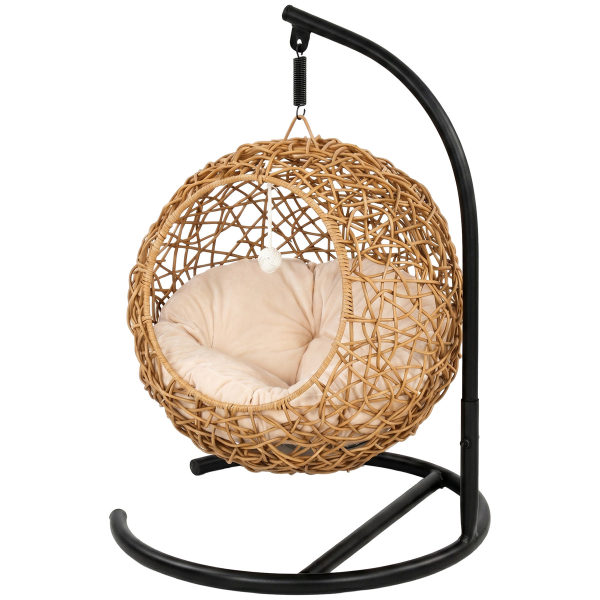 Katzenbett Rattan Katzenhöhle mit Waschbarem Kissen und Spielball, für Katzen bis 10 kg, 45 x 41 x 75 cm, Hellbraun