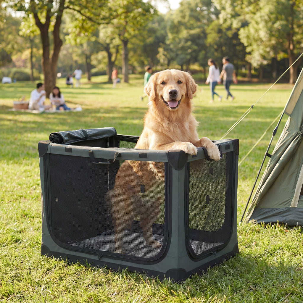 Soft Dog Crate Pet Travel Crate 90 x 64 x 64 cm with Removable Pad Mesh Window Army Green