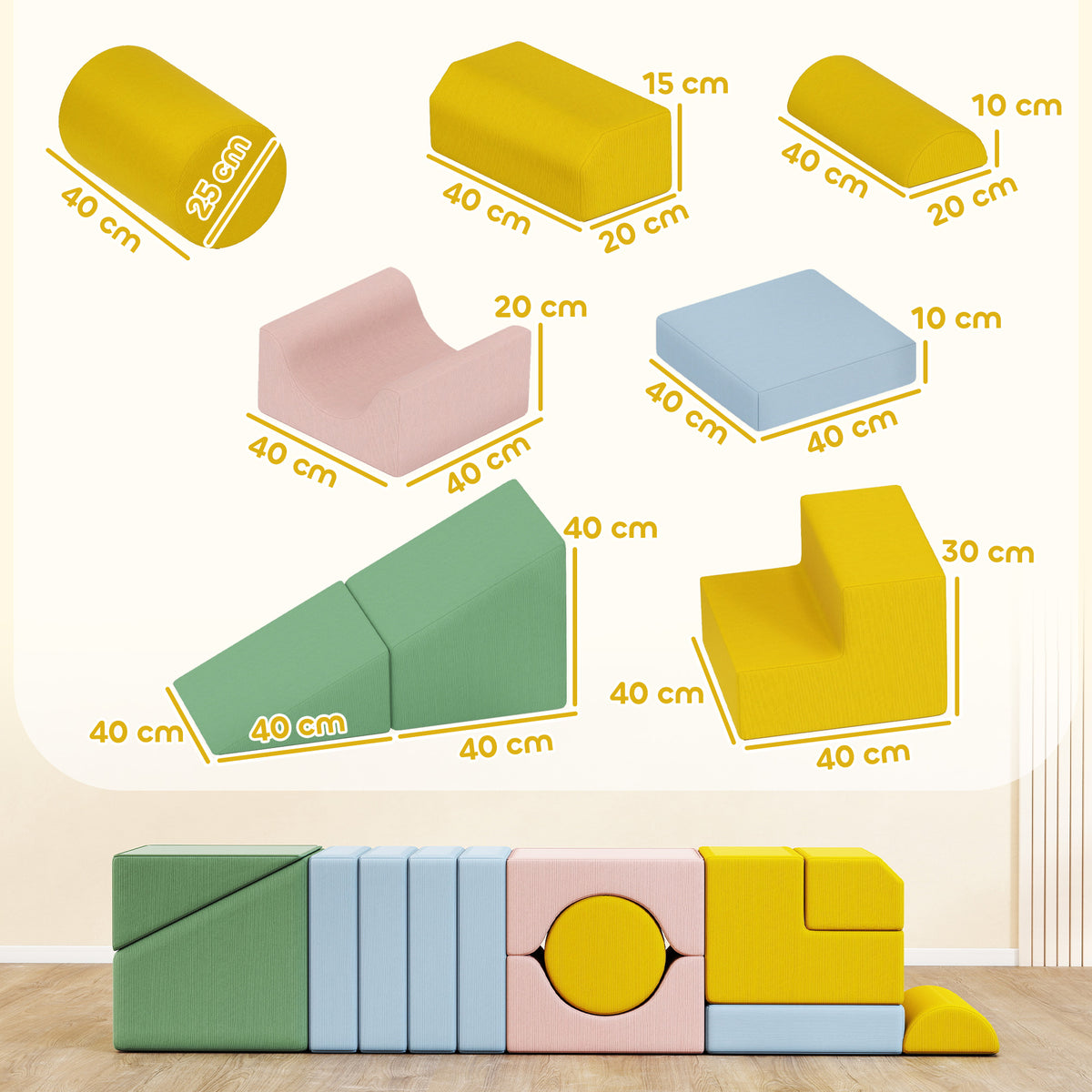 Softbaustein-Set f¨¹r Kinder, 12-teiliges Stoffblock-Set, Schaumstoff, Cordbezug, waschbar, Pastellbunt