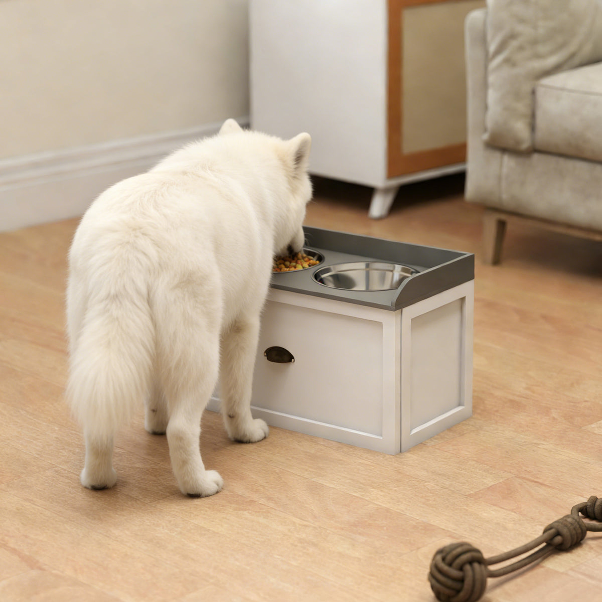 Stainless Steel Raised Dog Bowls, with 21L Storage Drawer for Large Dogs and Cats - White