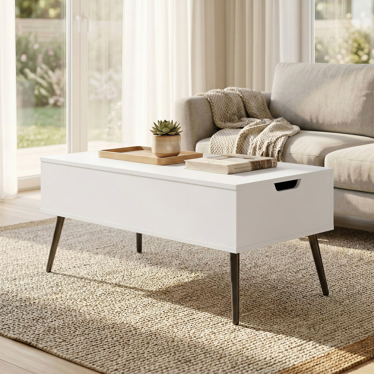 Couchtisch Höhenverstellbar Wohnzimmertisch mit Verstecktem Stauraum für Wohnzimmer, 50 x 100 cm, Weiß