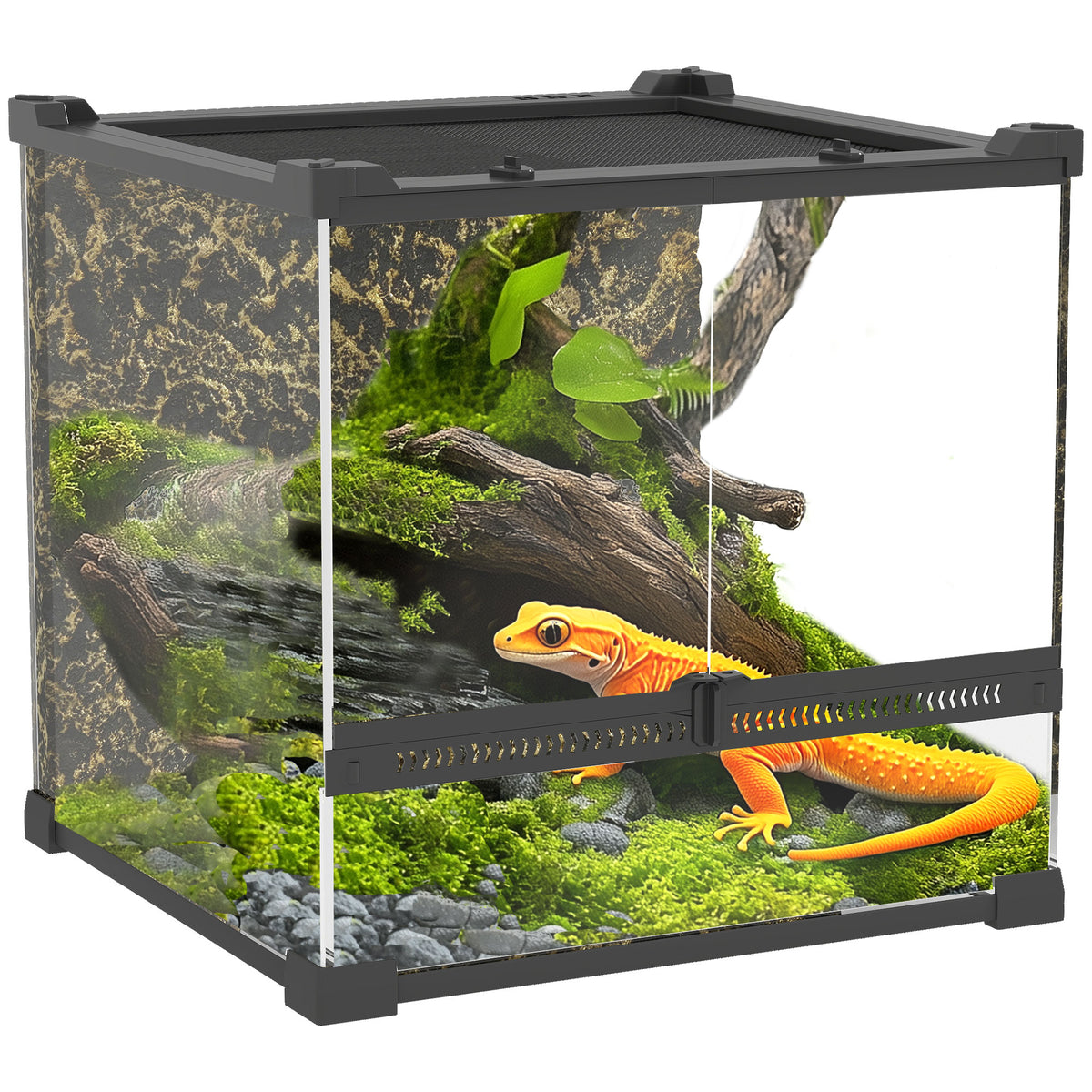 Reptile Glass Terrarium with Stone Background, Front Ventilation, Escape-Proof Knob Lock, 30 x 30 x 30 cm, Black