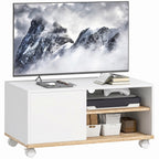 TV-Board auf Rollen mit Bremsen, TV-Möbel mit Schrank und verstellbarer Ablage, Weiß und Eiche