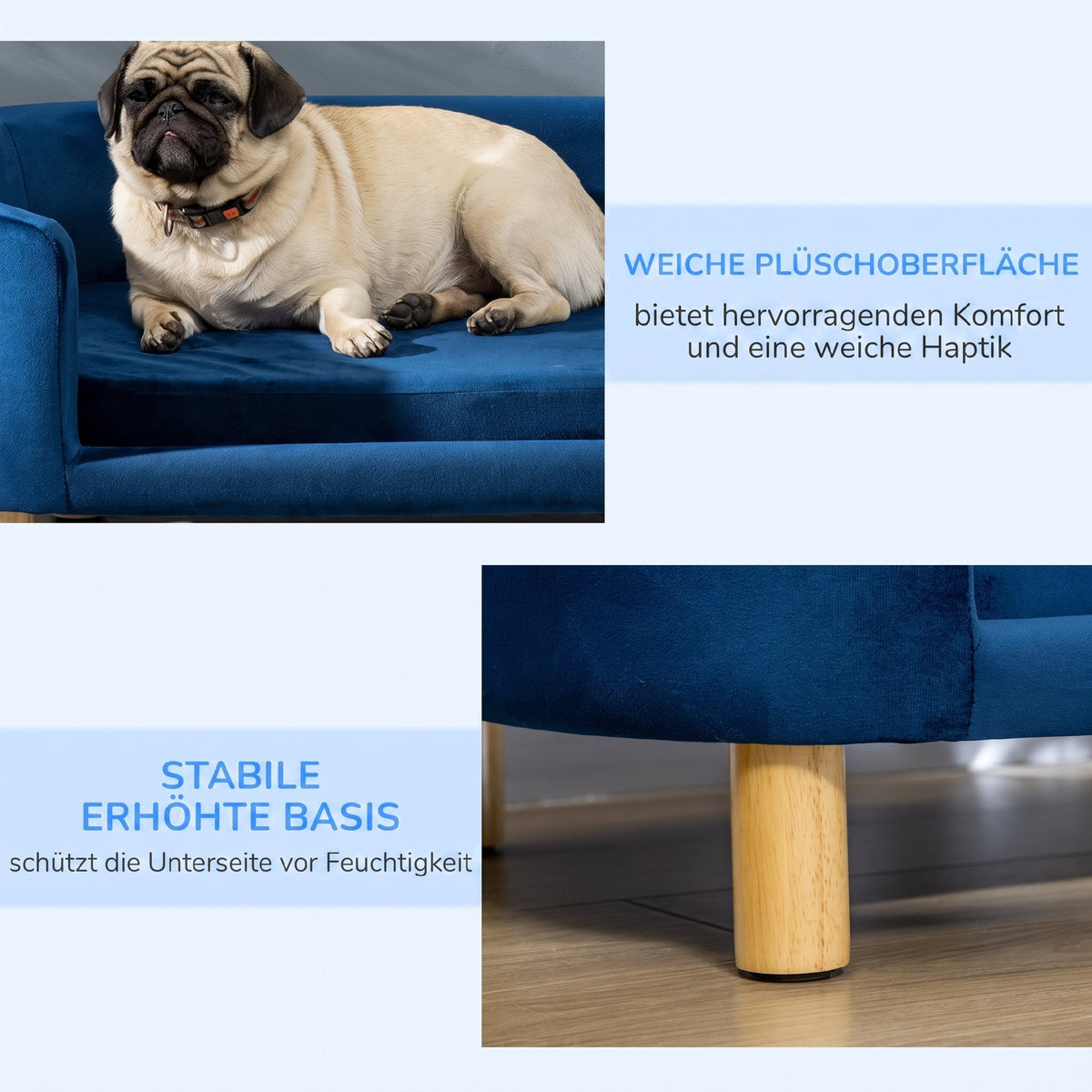 Hundesofa Hundebett aus holländischem Samt Hundecouch mit Rückenlehne, Holzbeine, Kissen Blau