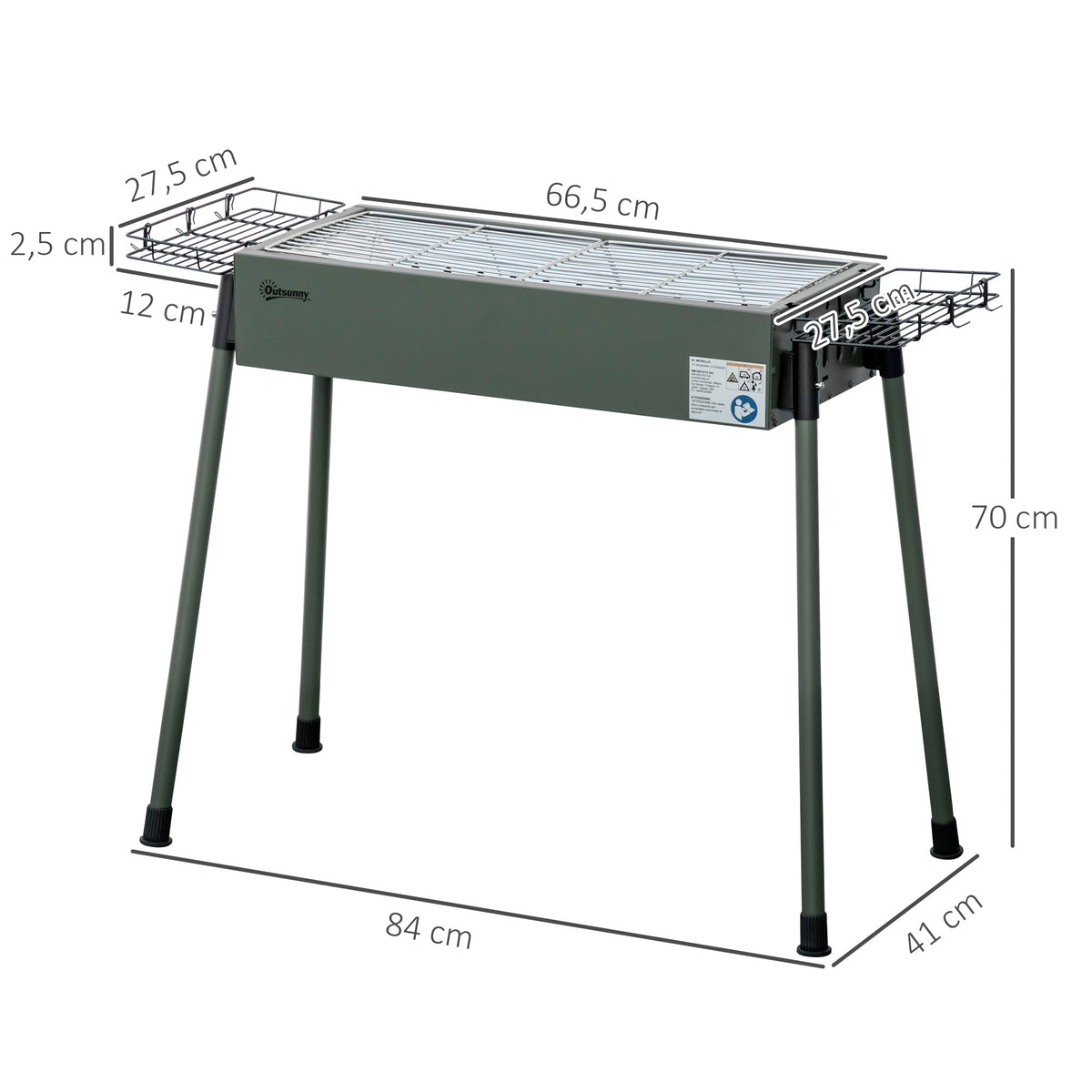 Holzkohlegrill, 2x Grillrost, 1x Kohlegitter, 2x Seitenkorb, rostfreier Stahl, dunkelgrün, 94 x 39 x 70 cm