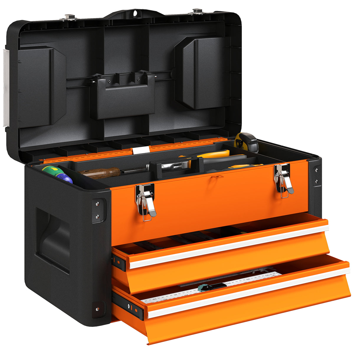 Werkzeugkiste leer, 49,7 x 25,3 x 28,9 cm Werkzeugkasten mit Schublade, Mini-Box Stahl Orange