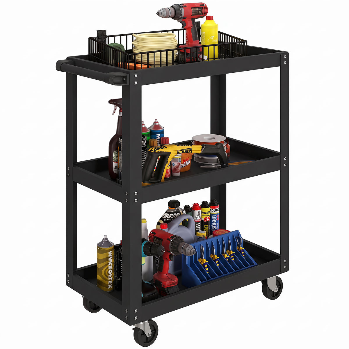 Werkstattwagen mit 3 Ablagen und Seitenhalter, 4 Rollen, 70,5 x 35 x 82,5 cm, Schwarz