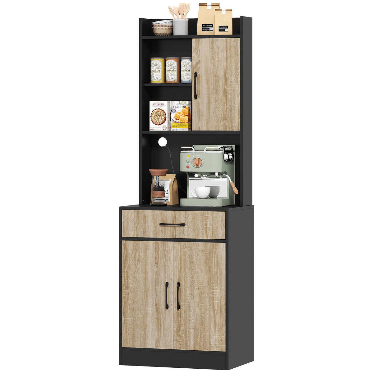 K¨¹chenschrank mit Arbeitsfl?che und Kabelloch, moderne K¨¹chenkommode mit Schublade, 3 offene Regale, Naturholz, Schwarz