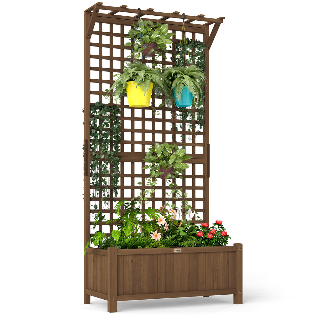 Raised Bed with Drainage Holes, Wood Planter with Trellis for Climbing Plants to Grow Vegetables, Flowers, Brown
