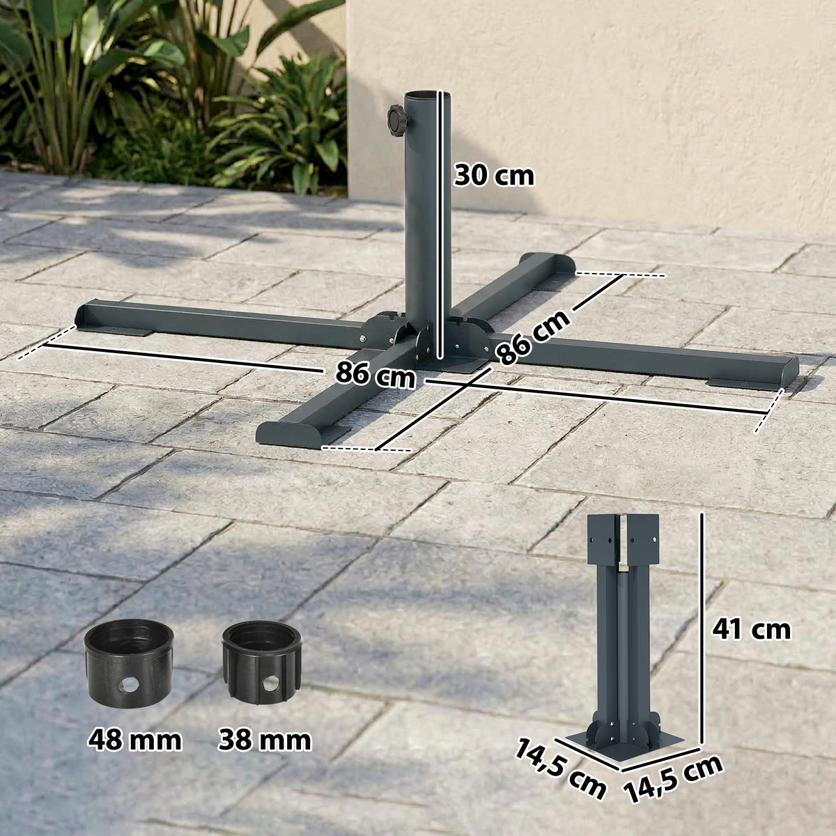 Sonnenschirmständer Klappbarer Schirmständer Rohrdurchmesser 38 und 48 mm Kreuzständer für Sonnenschirme, Dunkelgrau