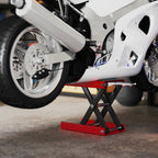 500KG Motorcycle Lift Scissor Jack, Height Adjustable Motorbike Stand with Anti-Slip Wide Deck, Heavy Duty Steel Motorbike Repair Lift Hoist Stand for Home Garage, Red