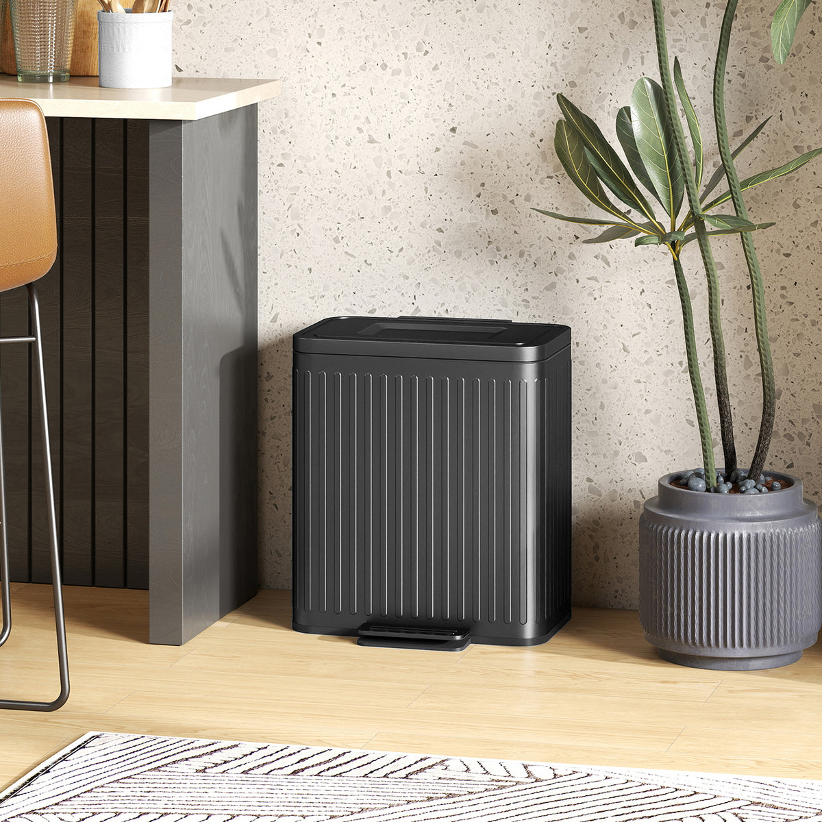 40L Dual Compartment Rubbish Bin, with Soft-Close Lid - Black