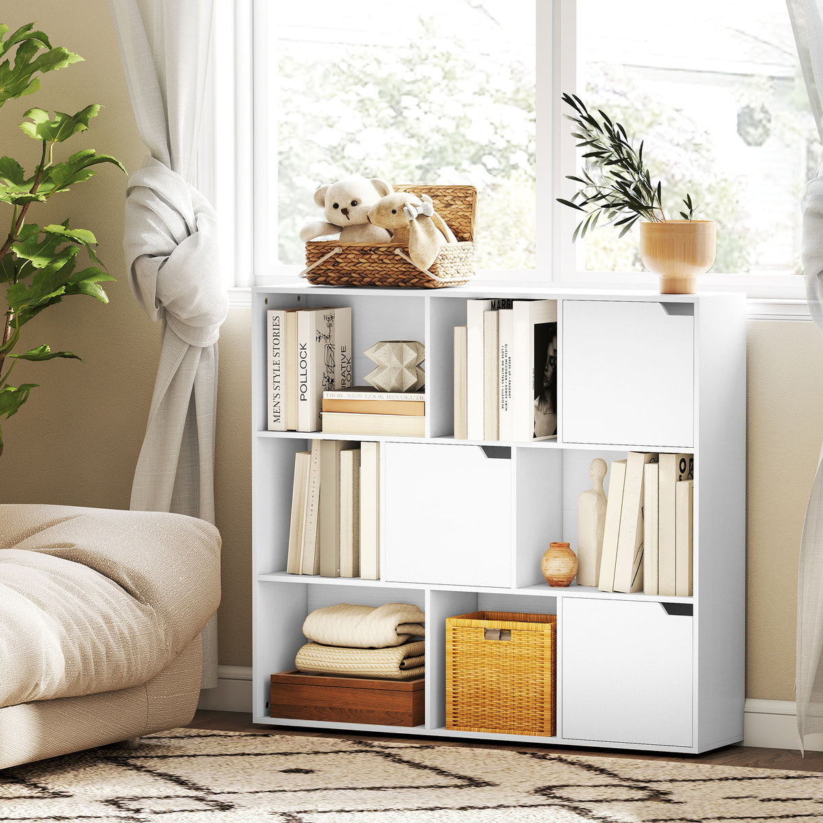 Bücherregal, 9 Fächern, 3 Türen, 6 offene Regale, für Wohnzimmer, Schlafzimmer, Spanplatte, Weiß