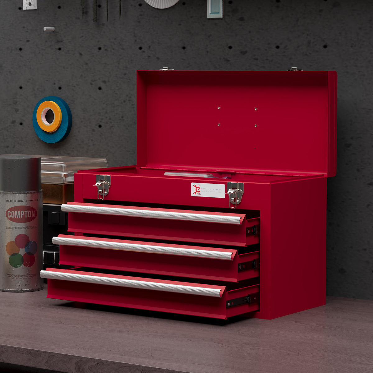 Lockable Metal Tool Box, 3 Drawer Tool Chest with Latches, Handle, Ball Bearing Runners, Red