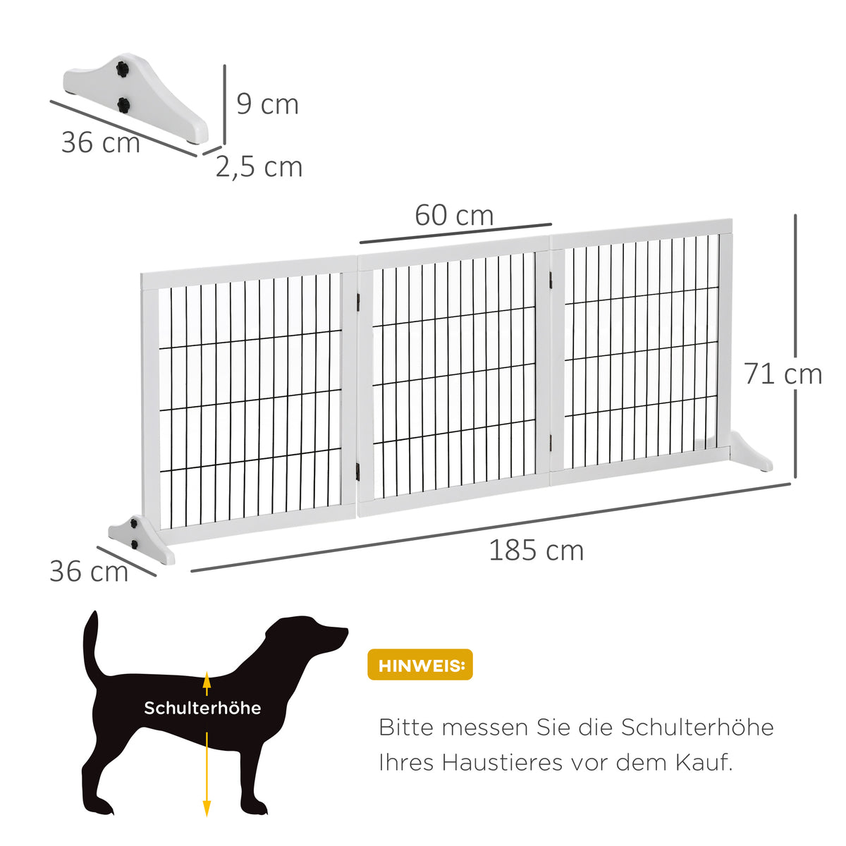 Absperrgitter Hund Freistehendes Schutzgitter mit Füßen 185 x 71 cm Holz Hundegitter Treppenschutzgitter Treppengitter Hundeabsperrgitter für Treppen, Türen, Küche, Flur, 3 Paneelen, Weiß