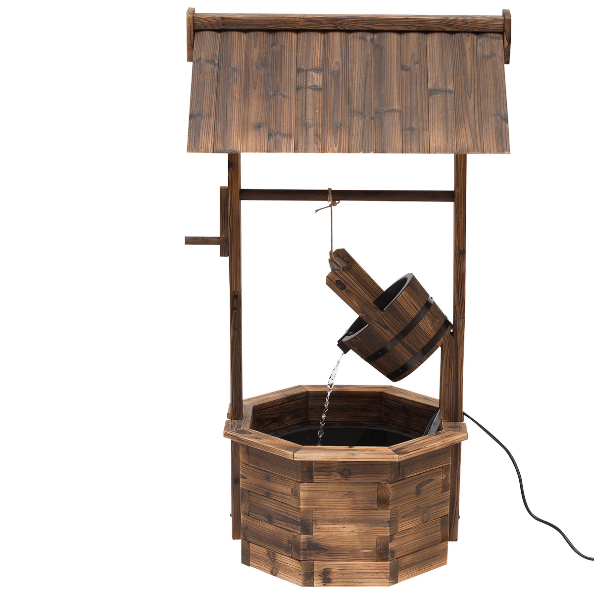 Springbrunnen aus Holz Outdoor Gartenbrunnen mit plätscherndem Wasser Dekorationsbecken Ornamenten Pumpe Wasserspiel Terrassenbrunnen für Garten Terrasse Rasen 68 x 57 x 118 cm Braun