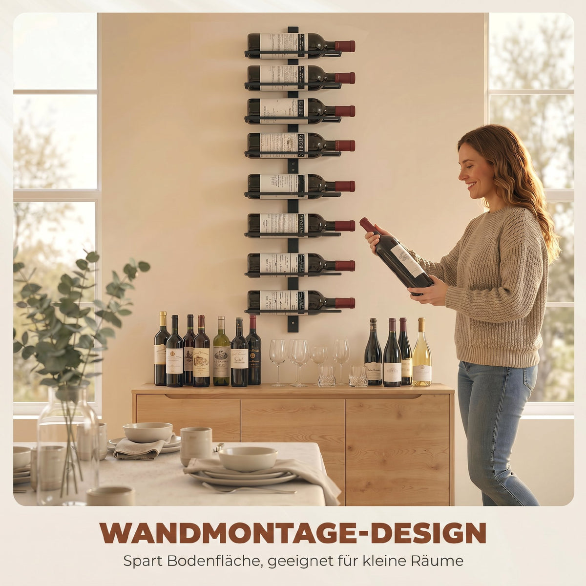 Wall Mounted Wine Rack, 8 Tier Metal Wine Display Rack, Storage Holder for Kitchen, Black