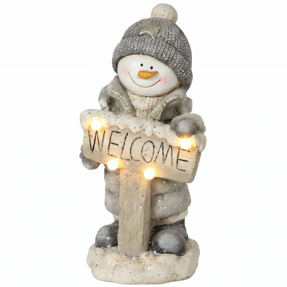 Weihnachtsdeko Schneemann-Figur, beleuchtete Weihnachtsstatue aus MGO mit Welcome-Schild, LEDs und Tages-Timer