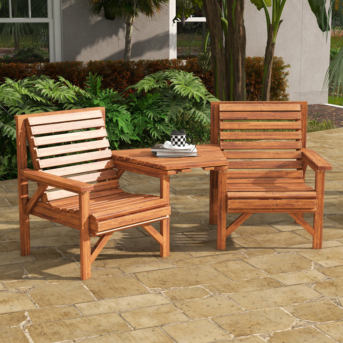 Wooden Garden Love Seat w/ Coffee Table Umbrella Hole, Tan Brown