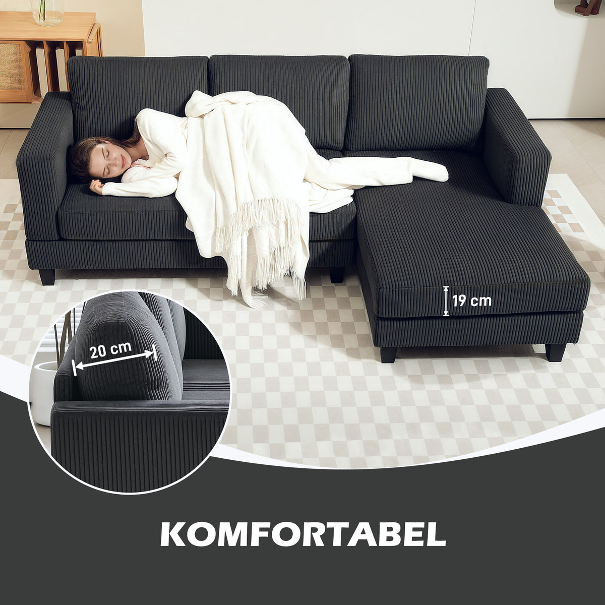 Ecksofa, L-förmiges 3-Sitzer-Sofa mit Chaiselongue, Holzkonstruktion, 8 Beine, Cordstoff, Schaumstoffpolsterung, Grau