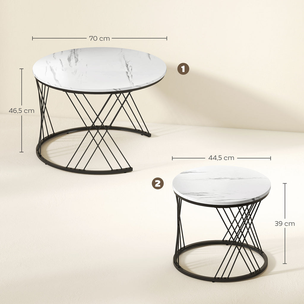 Couchtische im 2er-Set, Marmoroptik, Spanplatte, Metall, runde Kaffeetische f¨¹r Wohnzimmer, ineinanderstellbar, Wei?