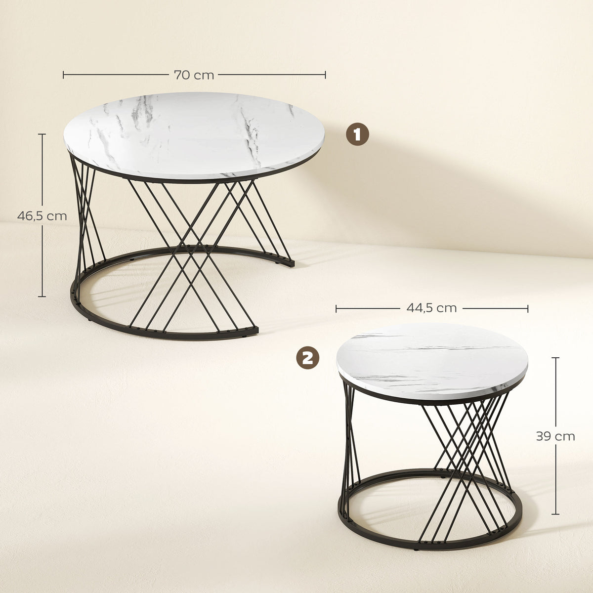 Couchtische im 2er-Set, Marmoroptik, Spanplatte, Metall, runde Kaffeetische f¨¹r Wohnzimmer, ineinanderstellbar, Wei?