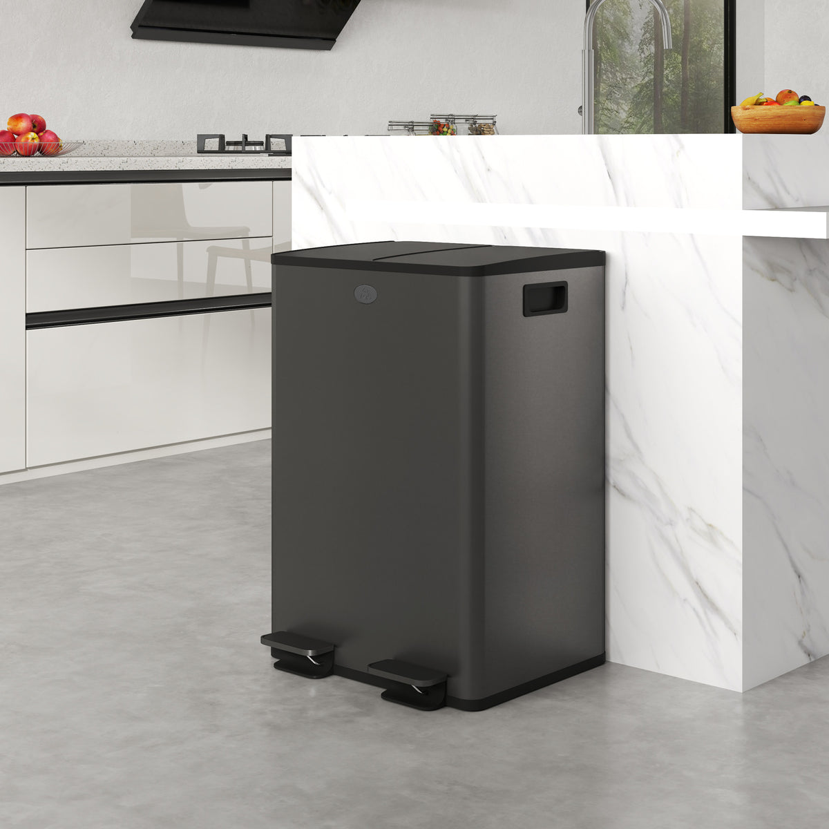 56L Dual Compartment Stainless Steel Bin, with Deodoriser Holders - Black