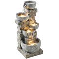 Springbrunnen Outdoor aus Kunstharz fünfstöckig Gartenbrunnen mit LED Beleuchtung Pumpe Steinoptik 34 x 36 x 80 cm