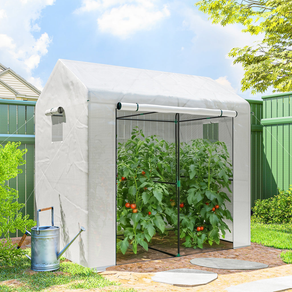 Walk-in Greenhouse, Outdoor Tomato Greenhouse with Roll-up Door and Mesh Windows, PE Cover, 200 x 140 x 200cm, White