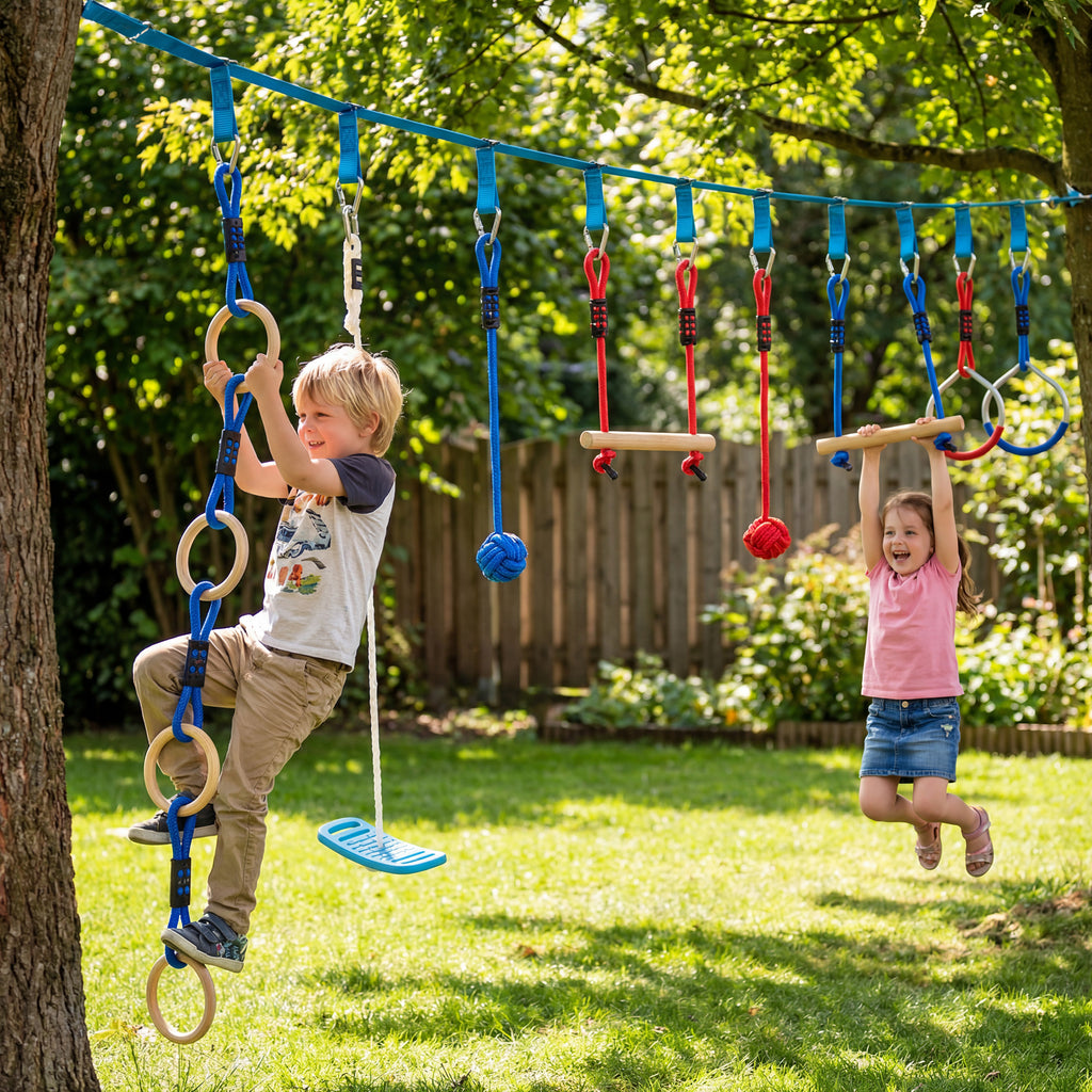 Ninja Line Kinder 10m 9-teilig Slackline Set mit 2 Turnringe 3-in-1 Schaukel 2 Kletterstange für 3-8 Jahre Mehrfarbig