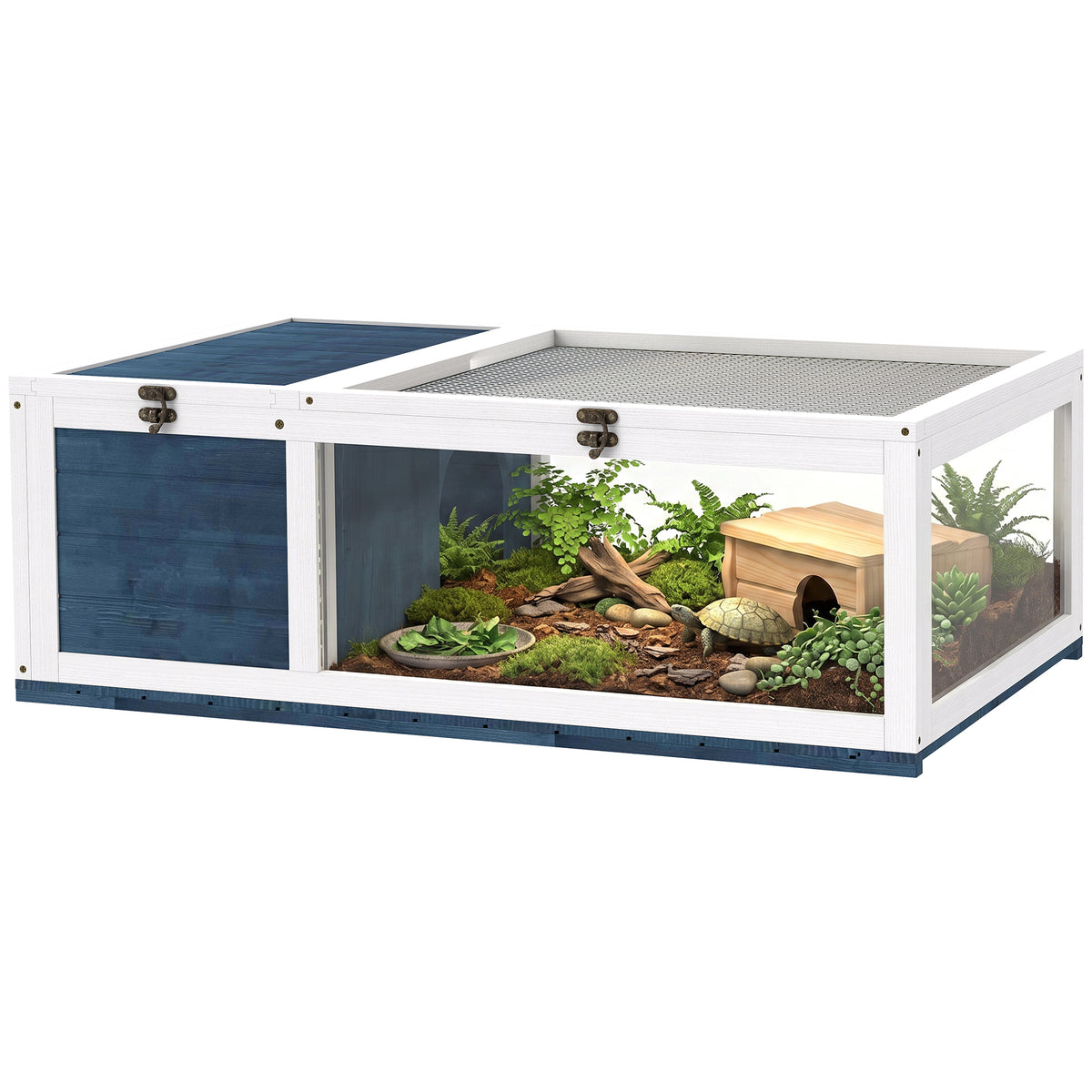 Tortoise House, Small Reptile Wooden House, with Mesh Roofs, Side Panels, for Turtles, Lizards, Geckos and Snakes