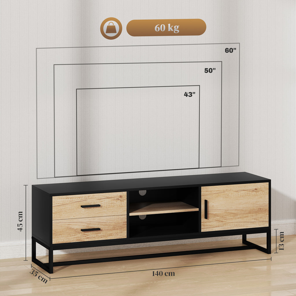 TV-Schrank mit T¨¹r, 2 Schubladen, offene F?cher, verstellbares Regal, Schwarz