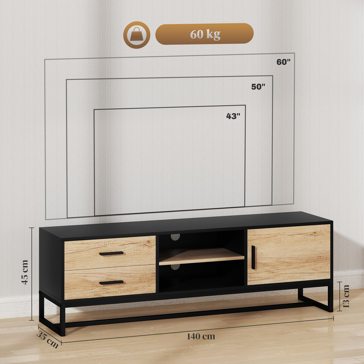 TV-Schrank mit T¨¹r, 2 Schubladen, offene F?cher, verstellbares Regal, Schwarz