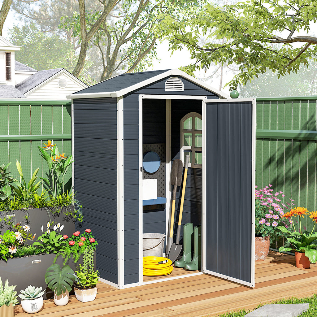 Gerätehaus 1,1m², Geräteschuppen mit Satteldach, 134 x 104 x 204 cm, Kunststoff Gartenchuppen mit Abschließbar Tür Belüftungsöffnung Fenster, Gartenhaus für Garten Dunkelgrau