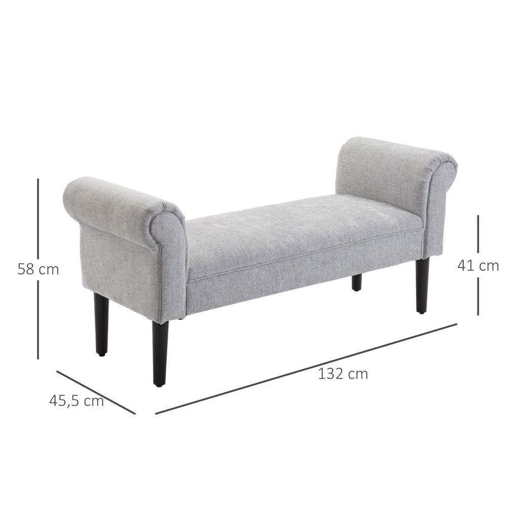  Bed End Bench, Window Seat, Linen Chaise Lounge Sofa with Arm and Wooden Legs for Bedroom, Living Room, Grey