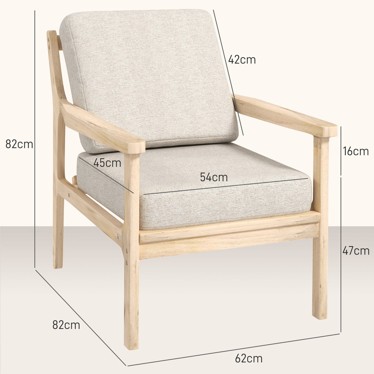 Polsterstuhl mit Armlehnen, solidem Holzrahmen und abnehmbaren Kissen, für Wohnzimmer, Schlafzimmer, Beige