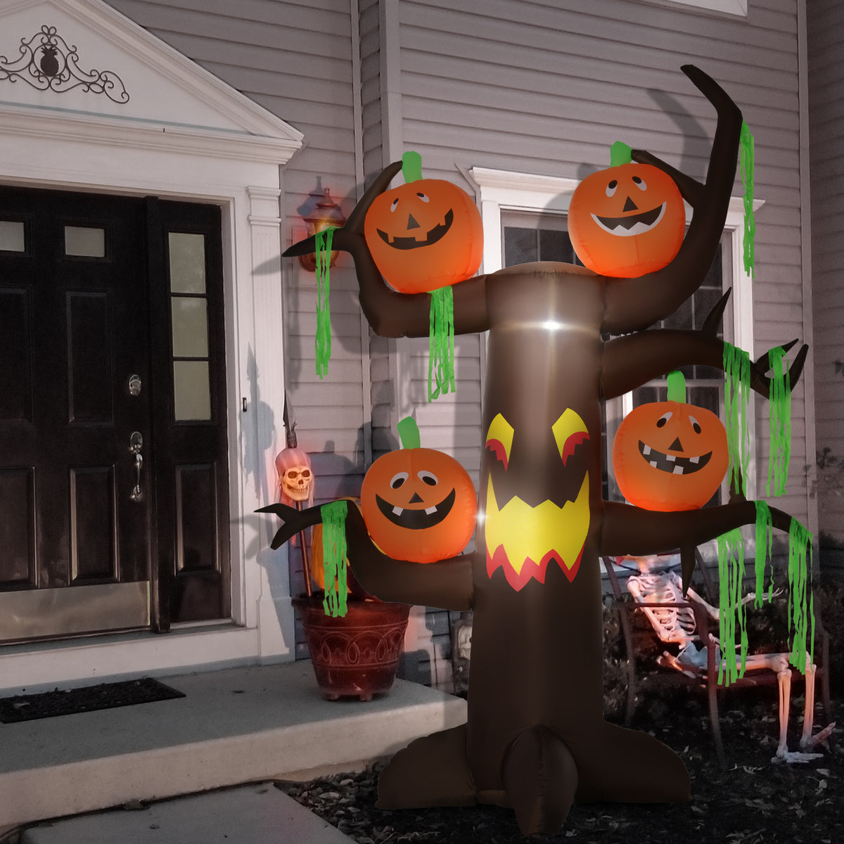 Aufblasbarer Spukbaum Kürbis Halloween Deko Figur Luftfigur mit LED Beleuchtung, Polyester, 180x80x240cm