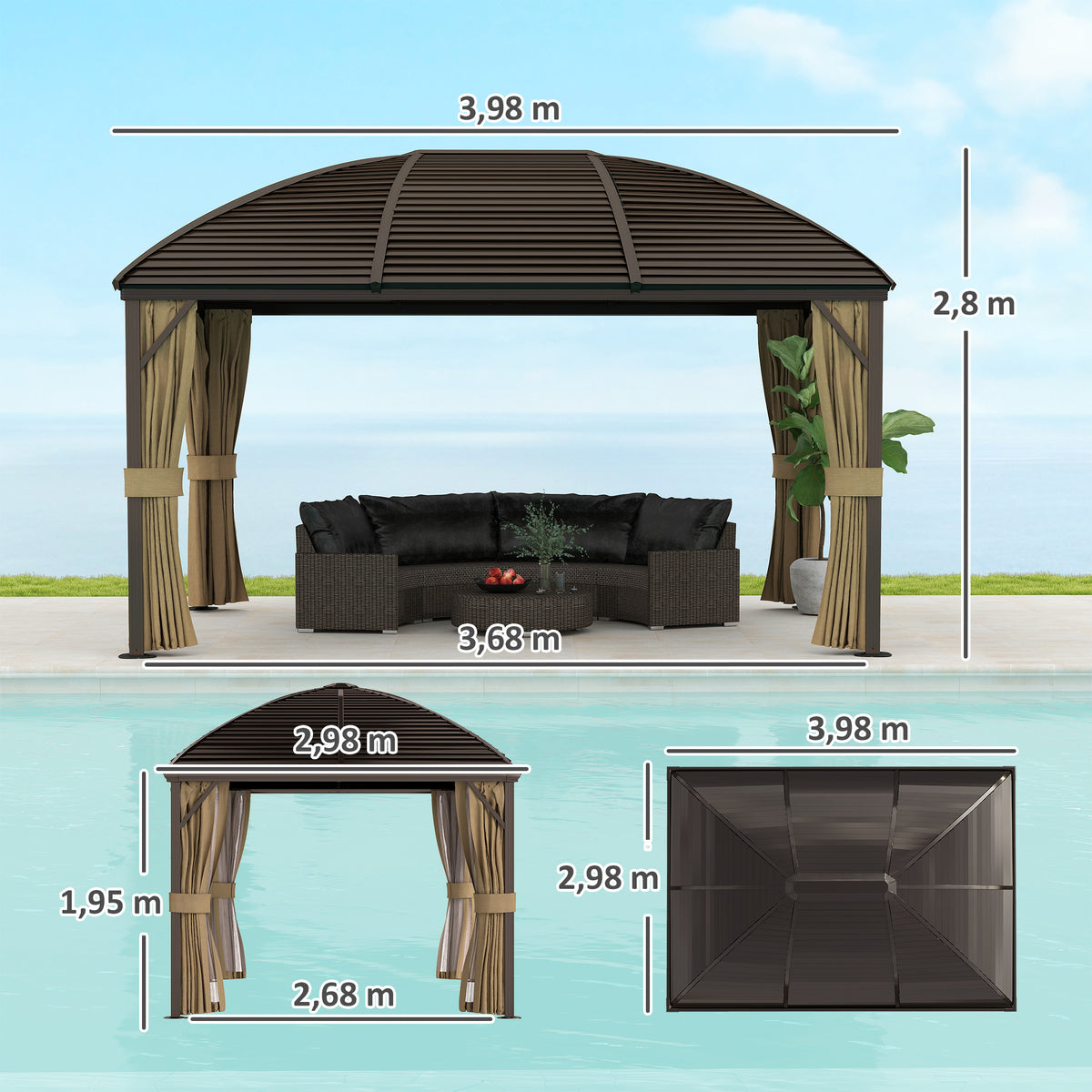 Gartenpavillon, Partyzelt, Festzelt, 4 x Doppel-Seitenteile, wasserdicht, 2 Laternenhaken, ca. 4 x 3 x 2,8 m, Braun
