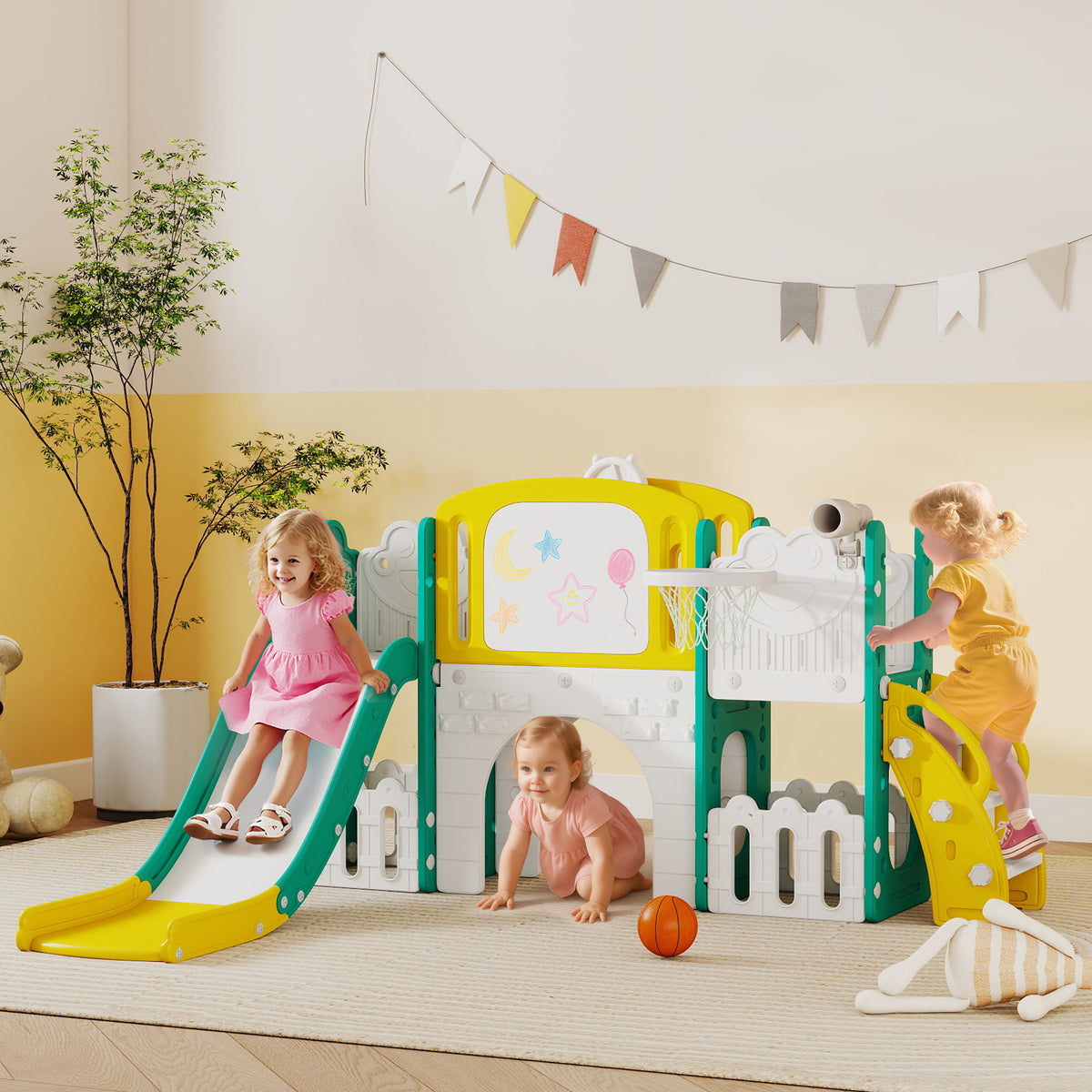 7-in-1 Rutschenset f¨¹r Kleinkinder, Basketballkorb, Froschdesign, Kletterger¨¹st, Schaukelsitz, f¨¹r drinnen und drau?en, Gelb+Gr¨¹n