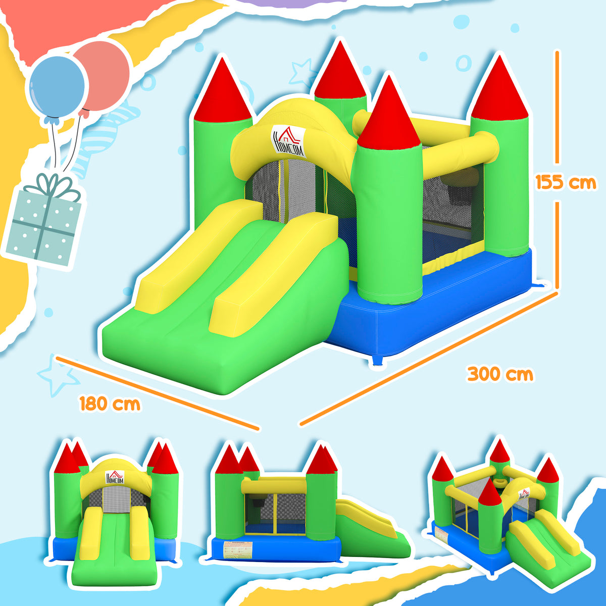 Hüpfburg mit Rutsche und Sicherheitsnetz, bis 100 kg, 3-10 Jahre, 300x180x160cm