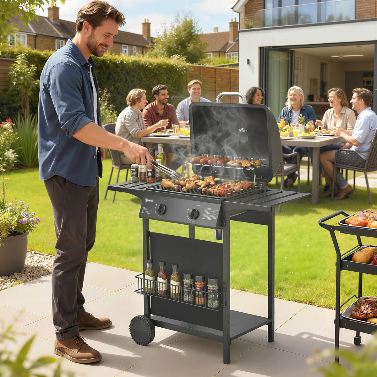 Gasgrill 5 KW 2 Brenner BBQ Grillwagen Edelstahl inkl Seitentisch Unterkorb Frontabdeckung Thermometer Emaille-Grillrost